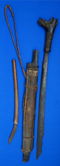 19C Borneo Dayak Mandau Sword with Langgei Puai whittling knife